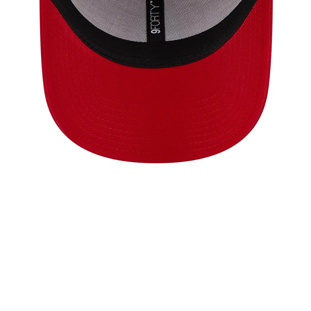 AC Milan Red New Era 9FORTY Adjustable Cap, inside view showing the black sweatband, with grey taping featuring the 9FORTY logo running across the top, paired with the red underside of the visor.