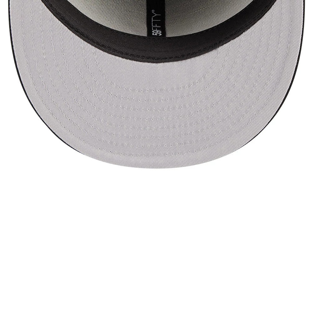 Atlanta Braves MLB Evergreen Black New Era 59FIFTY Fitted Cap, inside view showing the black taping with the 59FIFTY label and a grey undervisor beneath the structured black crown.