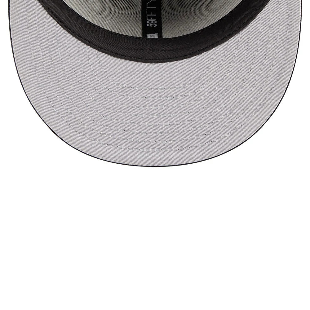 Chicago White Sox MLB Evergreen Black New Era 59FIFTY Fitted Cap, inside view showing the black sweatband, grey undervisor, black internal taping with the 59FIFTY logo, and flat structured panels.