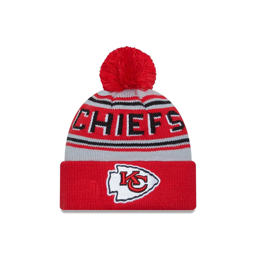 This is a Kansas City Chiefs NFL Pom Wordmark Red Bobble Knit Beanie Hat 1