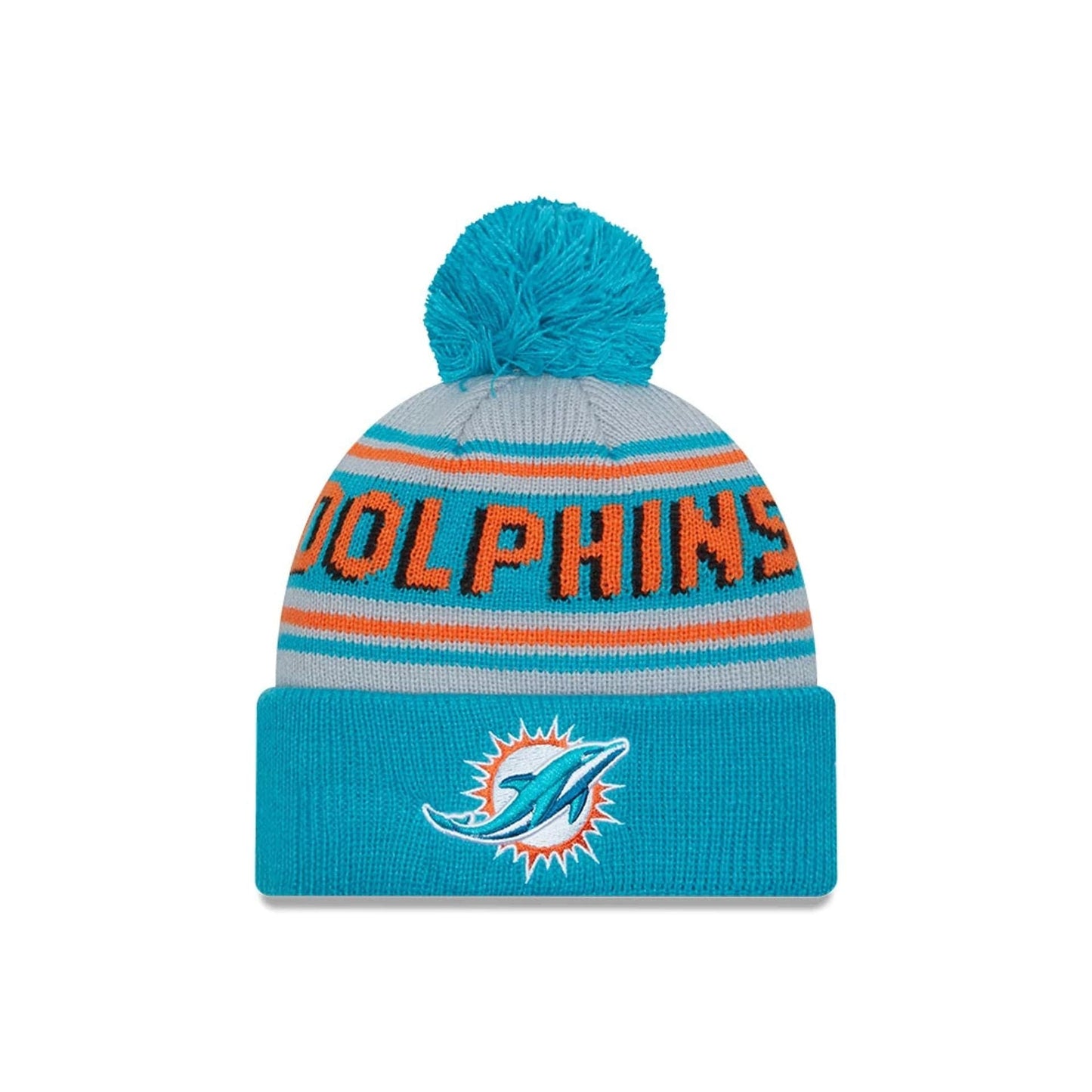 This is a Miami Dolphins NFL Pom Wordmark Turquoise Bobble Knit Beanie Hat 1