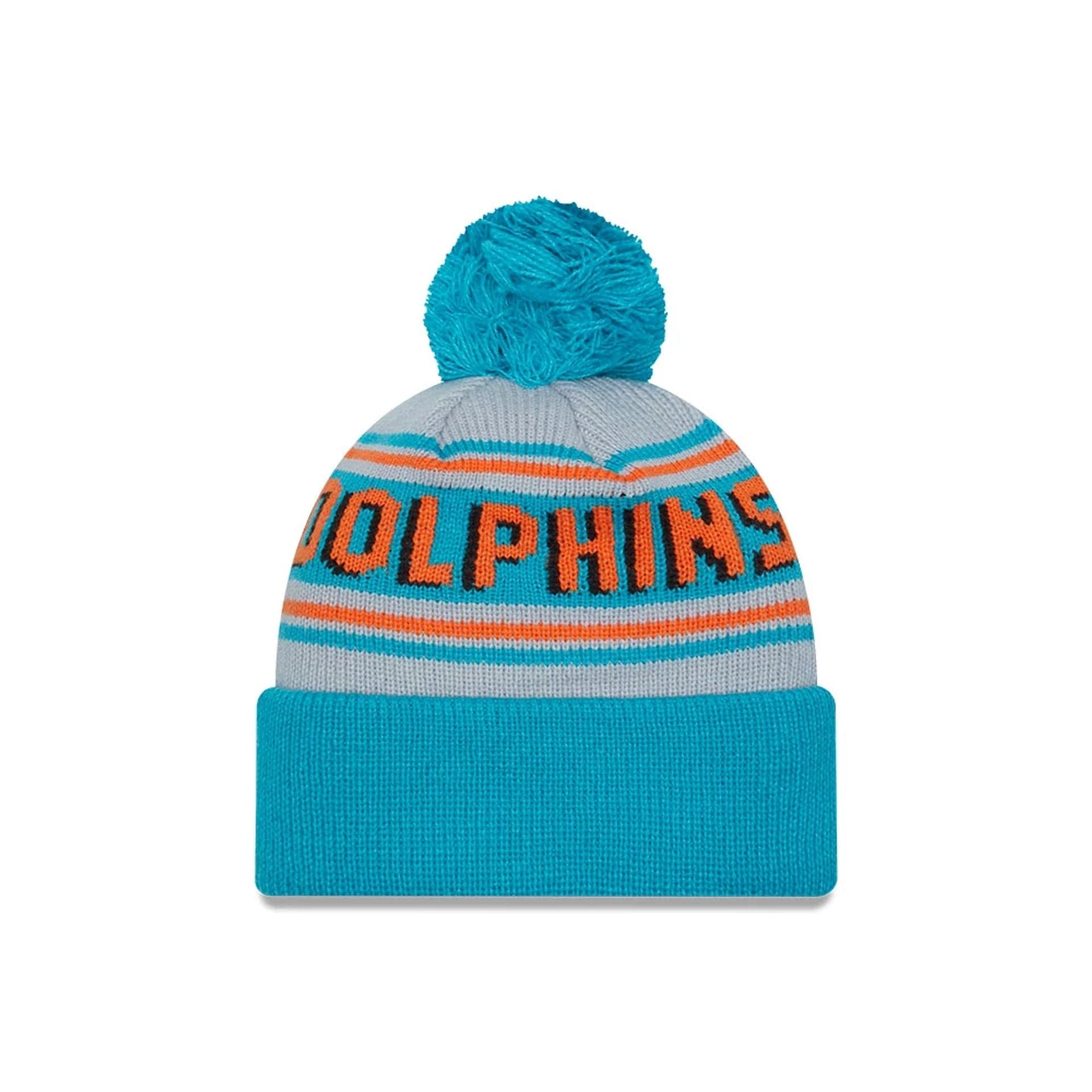 This is a Miami Dolphins NFL Pom Wordmark Turquoise Bobble Knit Beanie Hat 2
