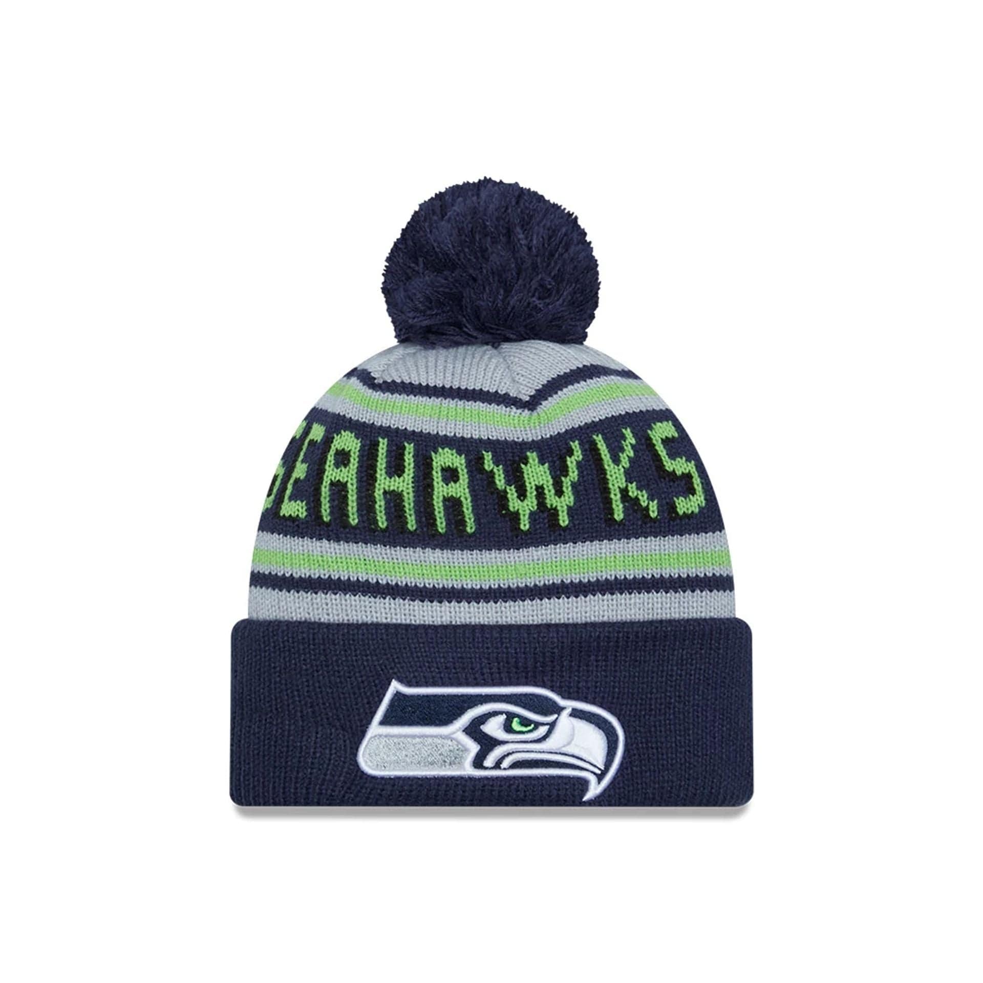 This is a Seattle Seahawks NFL Pom Wordmark Navy Bobble Knit Beanie Hat 1