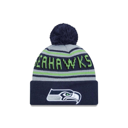 This is a Seattle Seahawks NFL Pom Wordmark Navy Bobble Knit Beanie Hat 1