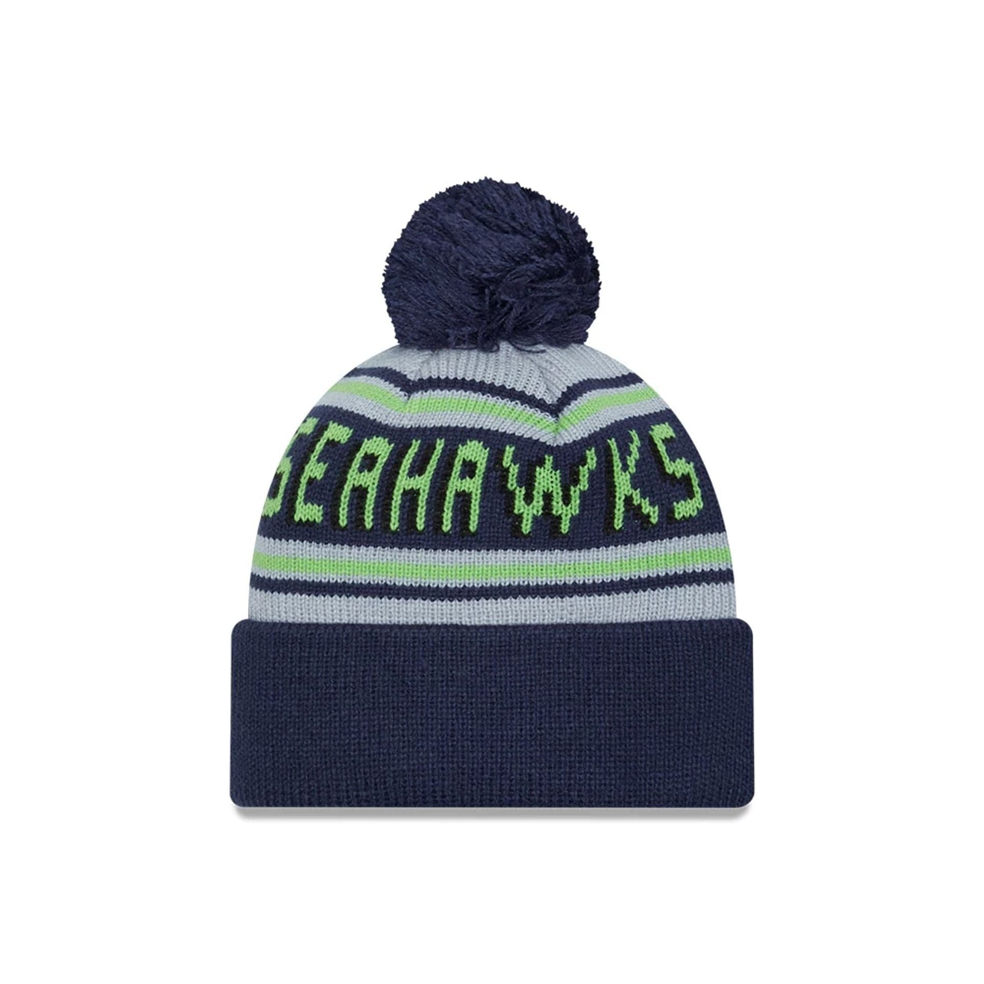 NFL Pom Wordmark Seattle Seahawks Navy Bobble Knit Beanie Hat NEC UK