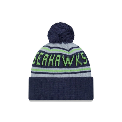 This is a Seattle Seahawks NFL Pom Wordmark Navy Bobble Knit Beanie Hat 2