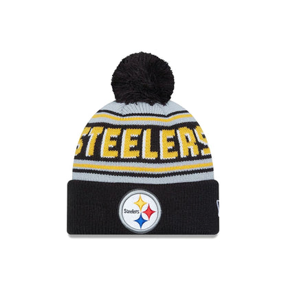 This is a Pittsburgh Steelers NFL Pom Wordmark Black Bobble Knit Beanie Hat 1