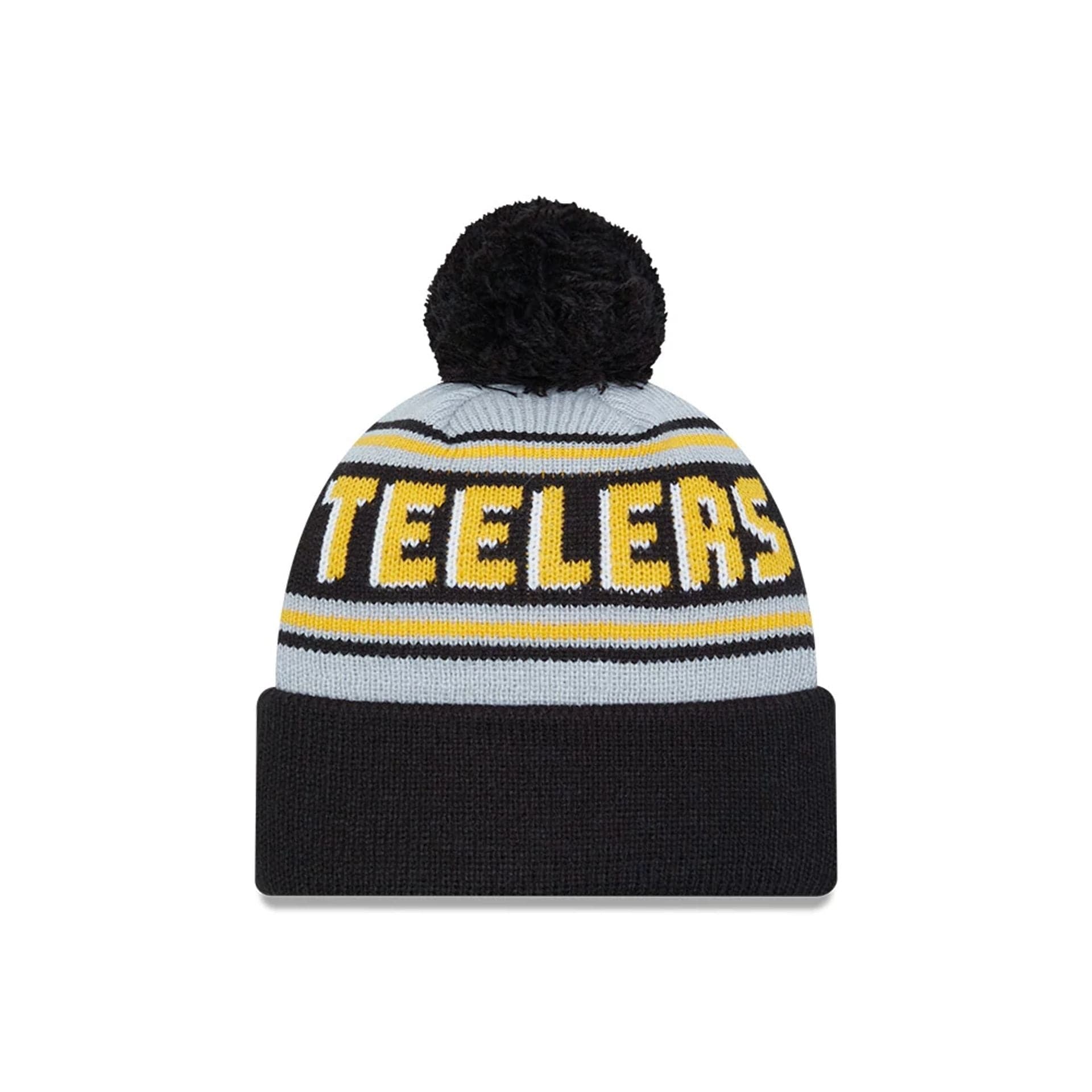 This is a Pittsburgh Steelers NFL Pom Wordmark Black Bobble Knit Beanie Hat 2