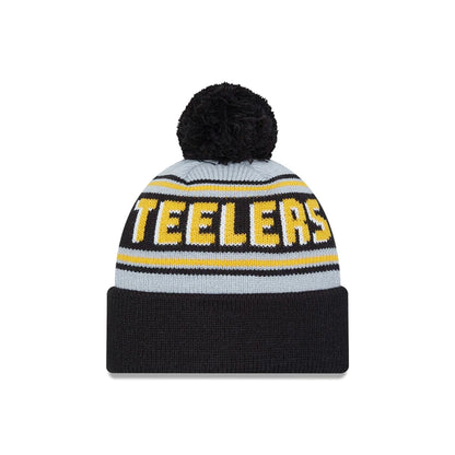 This is a Pittsburgh Steelers NFL Pom Wordmark Black Bobble Knit Beanie Hat 2