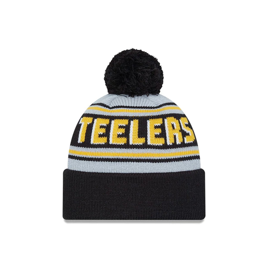 This is a Pittsburgh Steelers NFL Pom Wordmark Black Bobble Knit Beanie Hat 2