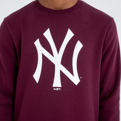New York Yankees MLB Regular Dark Purple Crew Neck Sweatshirt, front view on a model showing the bold white NY logo centred on the chest, with ribbed neckline and rich dark purple colour.