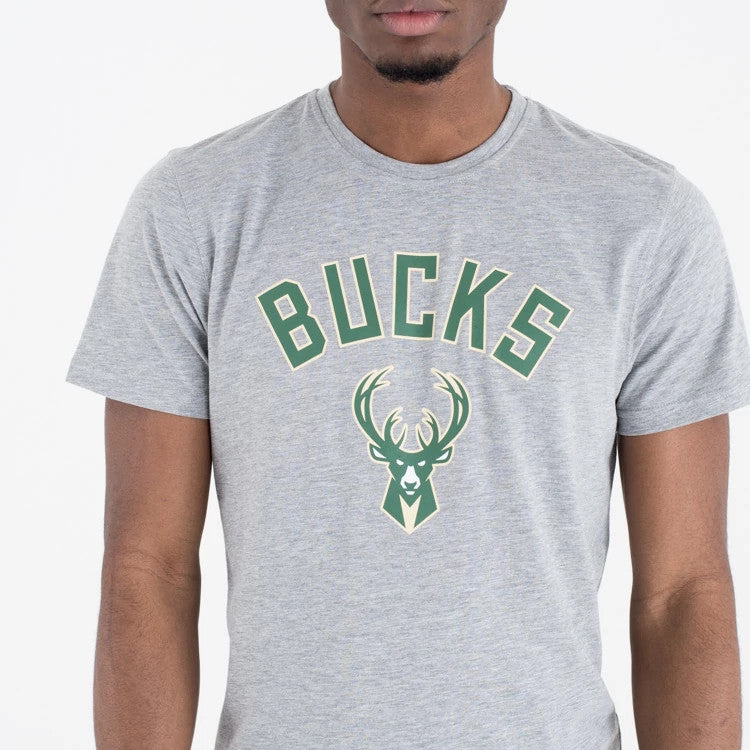 The Male model is wearing Milwaukee Bucks NBA Regular Grey T-Shirt 4