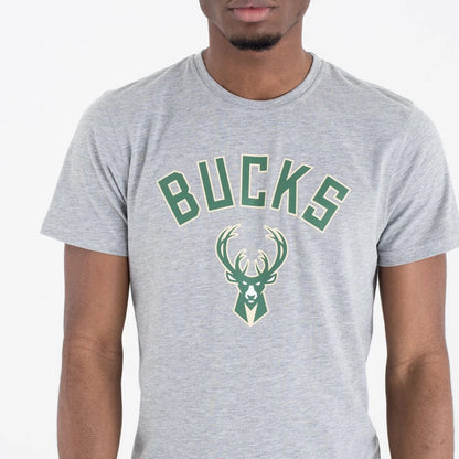 The Male model is wearing Milwaukee Bucks NBA Regular Grey T-Shirt 4