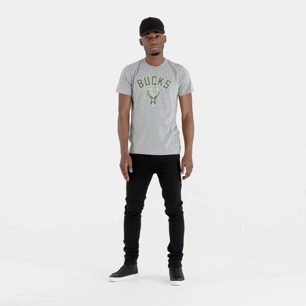 The Male model is wearing Milwaukee Bucks NBA Regular Grey T-Shirt 1
