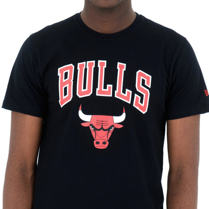 Chicago Bulls NBA Regular Black T-Shirt, front view showing a large red and white Bulls wordmark above a red Chicago Bulls logo centred on the chest, with a small raised New Era logo on the sleeve.