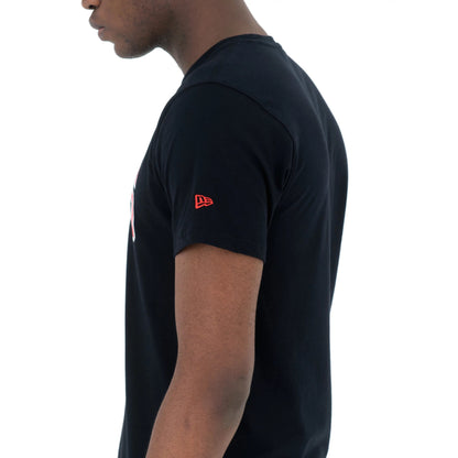 Chicago Bulls NBA Regular Black T-Shirt, side view showing a plain black design with a small red embroidered New Era logo on the left sleeve and part of the front text partially visible.