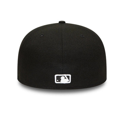 Athletics MLB Black and White New Era 59FIFTY Fitted Cap, rear view showing the white embroidered MLB Batterman logo at the centre of the back panels on the black structured crown.