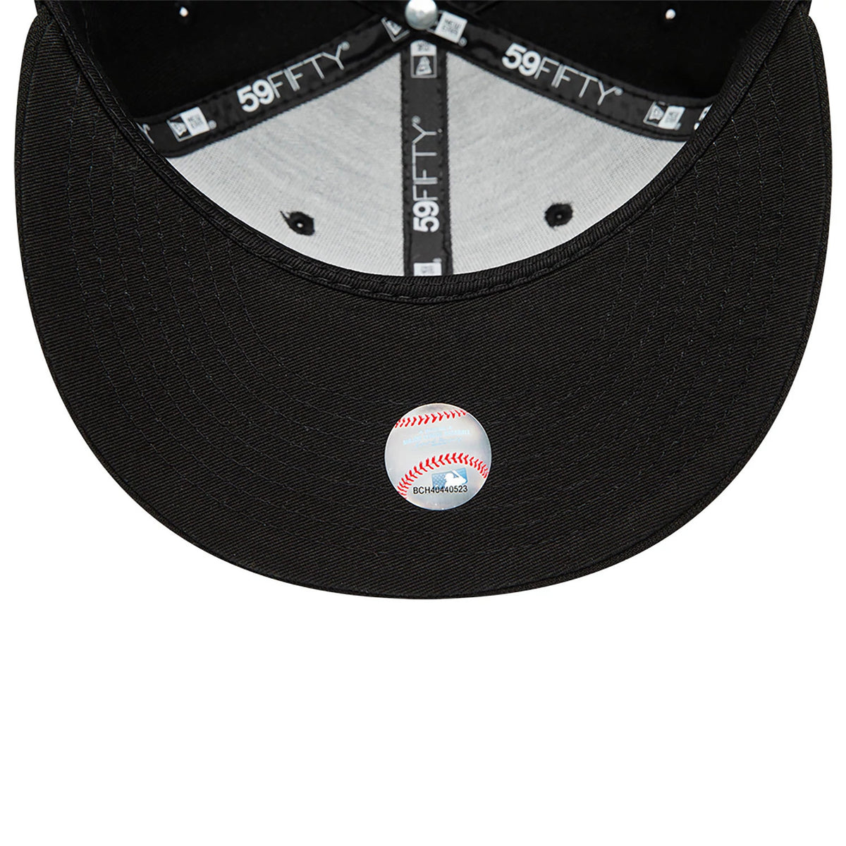 Athletics MLB Black and White New Era 59FIFTY Fitted Cap, inside view showing black 59FIFTY taping against a grey sweatband and an official sticker on the black undervisor, centred beneath the crown.