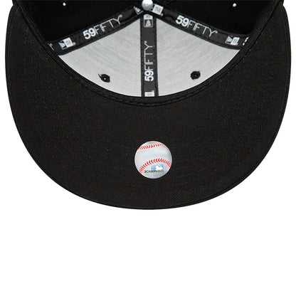 Athletics MLB Black and White New Era 59FIFTY Fitted Cap, inside view showing black 59FIFTY taping against a grey sweatband and an official sticker on the black undervisor, centred beneath the crown.