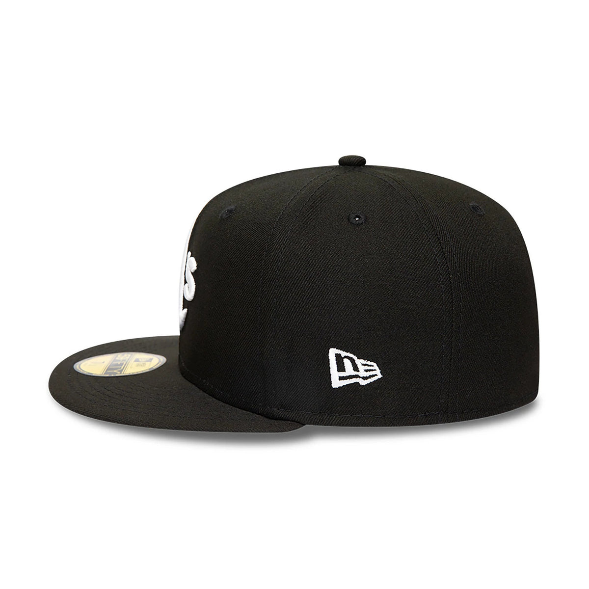 Athletics MLB Black and White New Era 59FIFTY Fitted Cap, side view showing the white New Era flag logo embroidered on the left side of the black structured crown and a 59FIFTY size sticker on the visor.