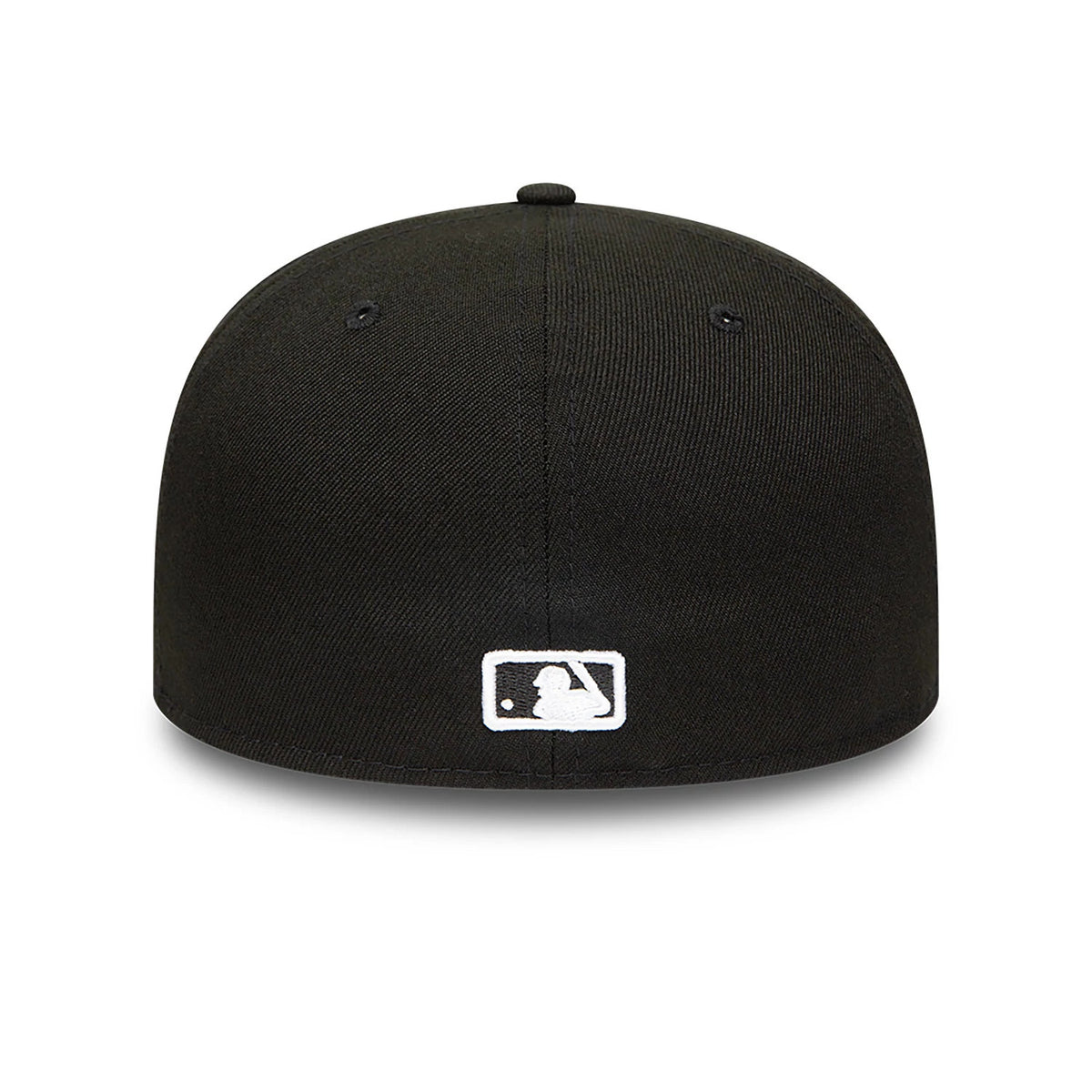 San Francisco Giants MLB Black and White New Era 59FIFTY Fitted Cap, rear view showing the white embroidered MLB Batterman logo at the centre of the back panels, contrasted against the black fabric.