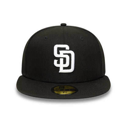 San Diego Padres MLB Black and White New Era 59FIFTY Fitted Cap, front view showing raised white SD logo embroidered on the black front panel, with a gold 59FIFTY size sticker on the flat black visor.