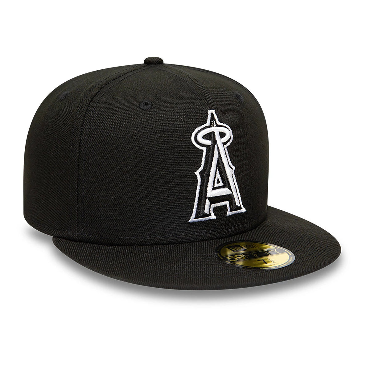 Anaheim Angels MLB Black and White New Era 59FIFTY Fitted Cap, three-quarter view showing the raised white embroidered A logo on the black front panel and the gold 59FIFTY size sticker on the flat black visor.