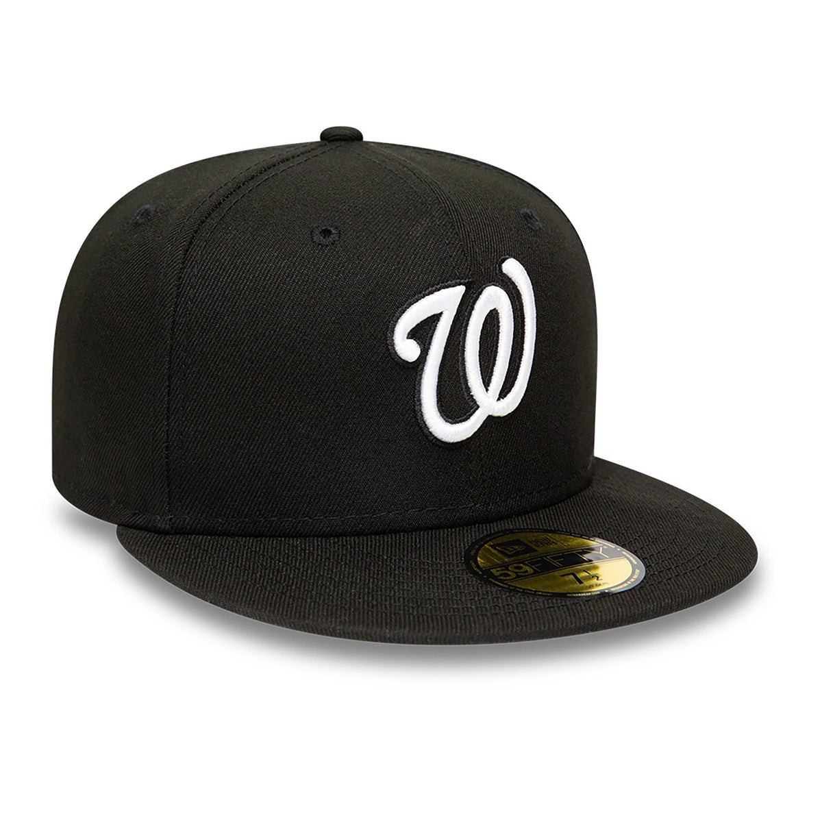 Washington Nationals MLB Black and White New Era 59FIFTY Fitted Cap, three-quarter view with a white embroidered "W" logo on the front panel, black flat visor, and gold 59FIFTY size sticker on top of the visor.