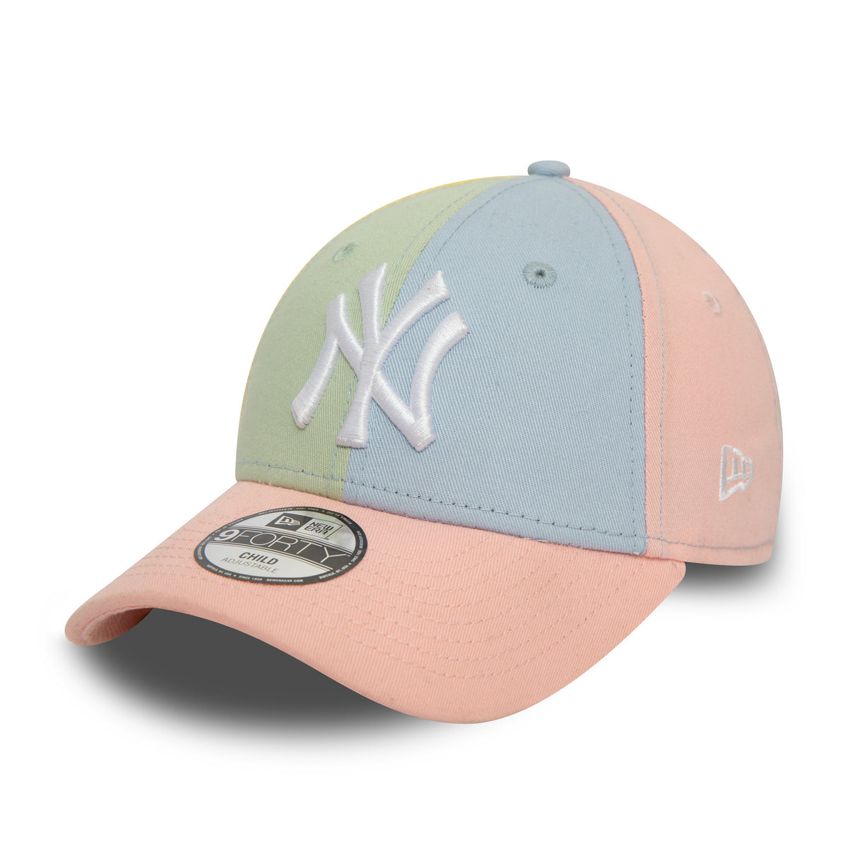 New York Yankees MLB Block Pink New Era 9FORTY Adjustable Cap, three-quarter view with a raised white NY logo on the front multicoloured panels, pastel pink curved visor featuring a 9FORTY size sticker, and a New Era flag logo on the left side.