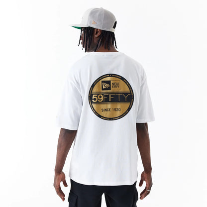 The Male model is wearing New Era Sticker White Oversized T-Shirt 2