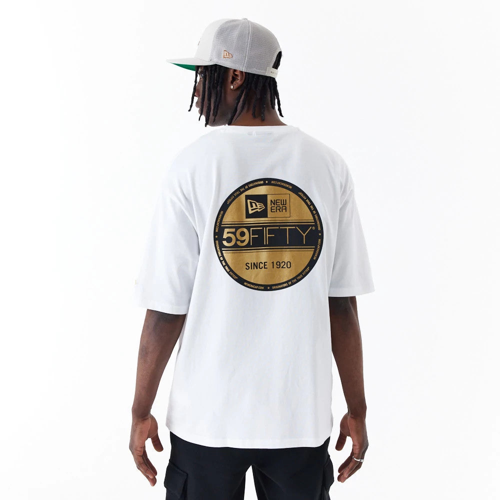 The Male model is wearing New Era Sticker White Oversized T-Shirt 2