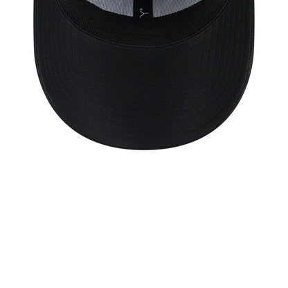 Houston Astros MLB Evergreen Neo Black New Era 39THIRTY Stretch Fit Cap, inside view showing black sweatband and taping, with the grey undervisor revealing detailed stitching across its curved structure.