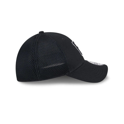Pittsburgh Pirates MLB Evergreen Neo Black New Era 39THIRTY Stretch Fit Cap, side view showing a structured black crown with mesh back panels, a curved visor, and a prominent black embroidered Pirates logo on the front panel.