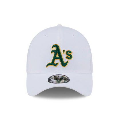 Athletics MLB Evergreen White New Era 39THIRTY Stretch Fit Cap, front view showing the green and gold embroidered A's logo on the front panel, with a curved visor and silver 39THIRTY size sticker.