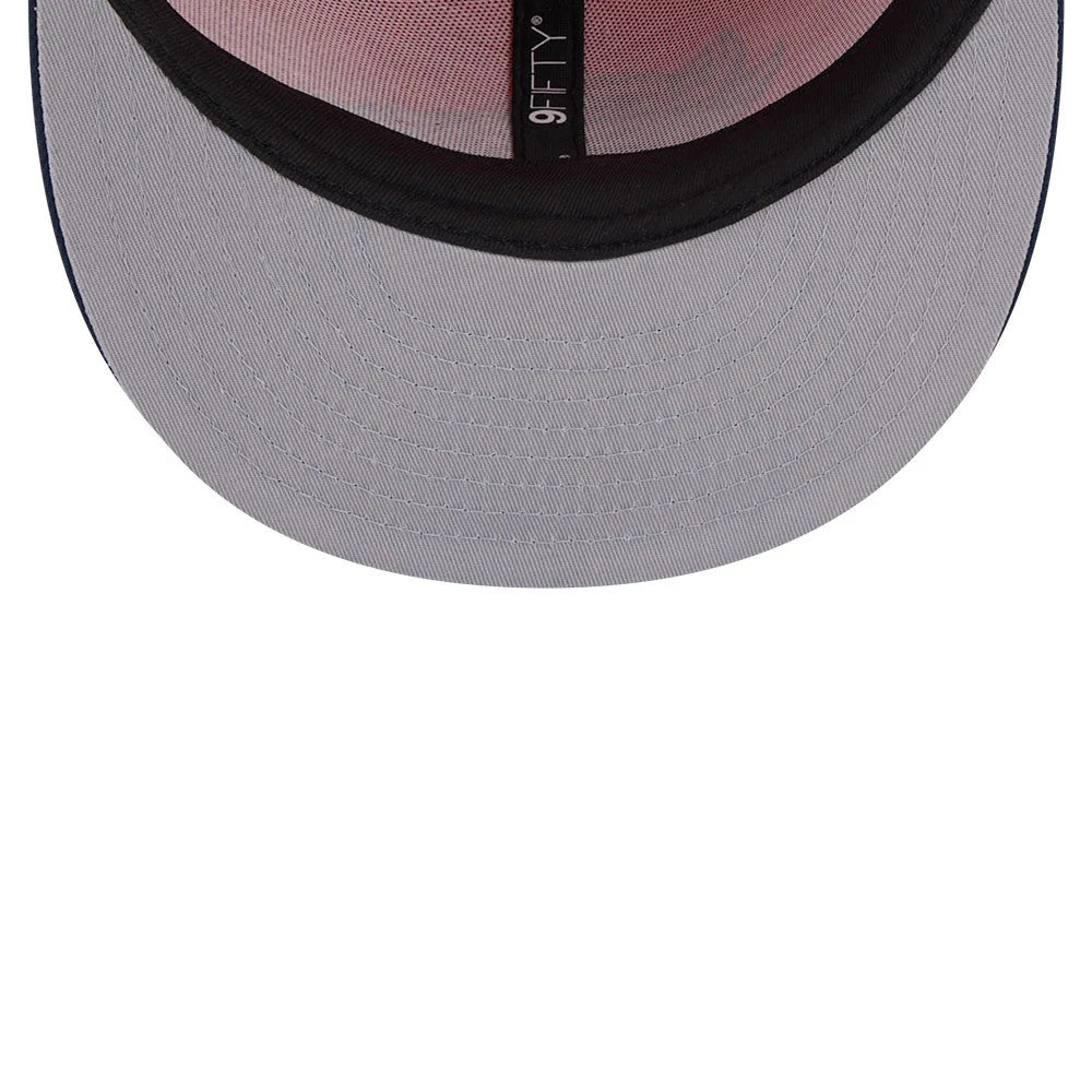 Denver Broncos NFL Evergreen Orange New Era 9FIFTY Snapback Adjustable Cap, inside view showing grey undervisor and black sweatband, featuring taping with 9FIFTY branding along the seams.