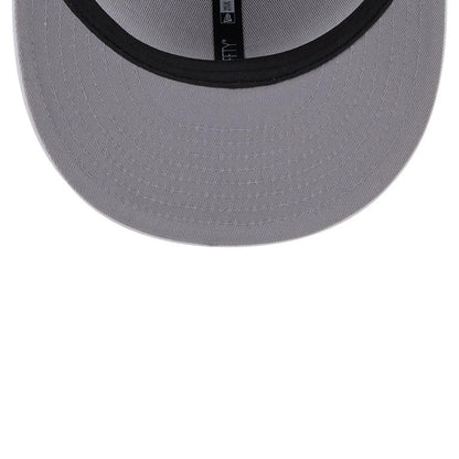 LA Dodgers MLB Evergreen White New Era 9FIFTY Snapback Adjustable Cap, inside view showing the grey undervisor with black sweatband and taping, featuring the New Era logo and 9FIFTY branding.
