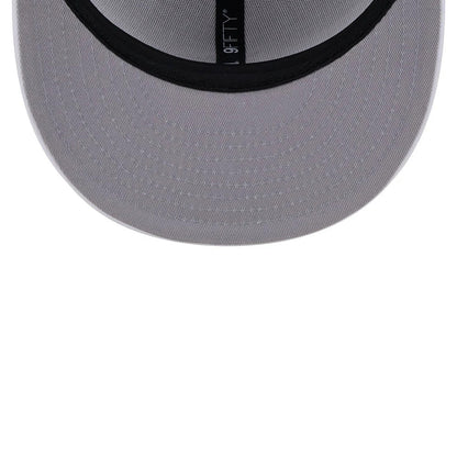 Detroit Tigers MLB Evergreen White New Era 9FIFTY Snapback Adjustable Cap, inside view showing the black taping with 9FIFTY branding and the dark grey undervisor, creating a contrast with the white cap material.