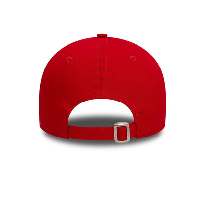 New York Yankees League Essential Red New Era 9TWENTY Adjustable Cap, rear view featuring a silver buckle on the red adjustable strap, with a red top button and matching eyelets on the structured crown.