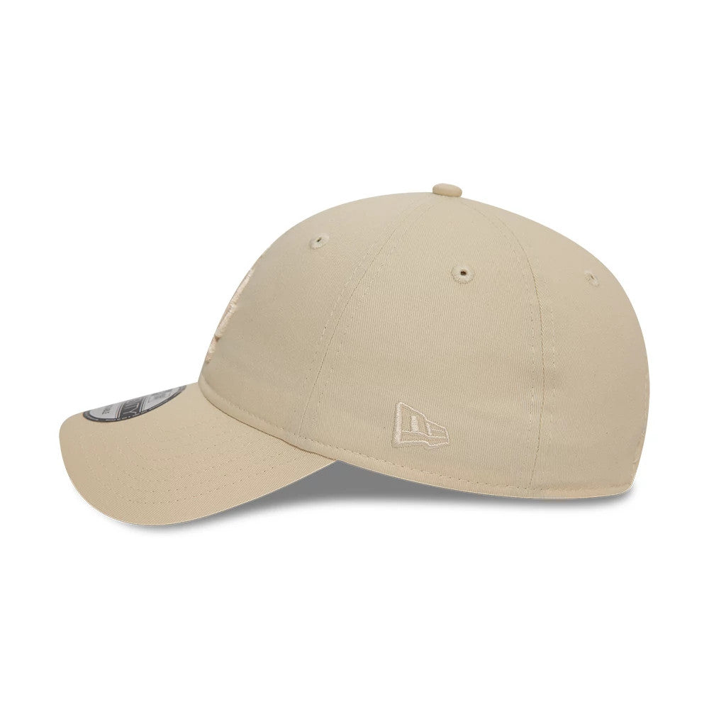 LA Dodgers League Essential Stone New Era 9TWENTY Adjustable Cap, side view showing the embroidered New Era flag logo on the left and a curved visor, finished with a 9TWENTY size sticker on top.