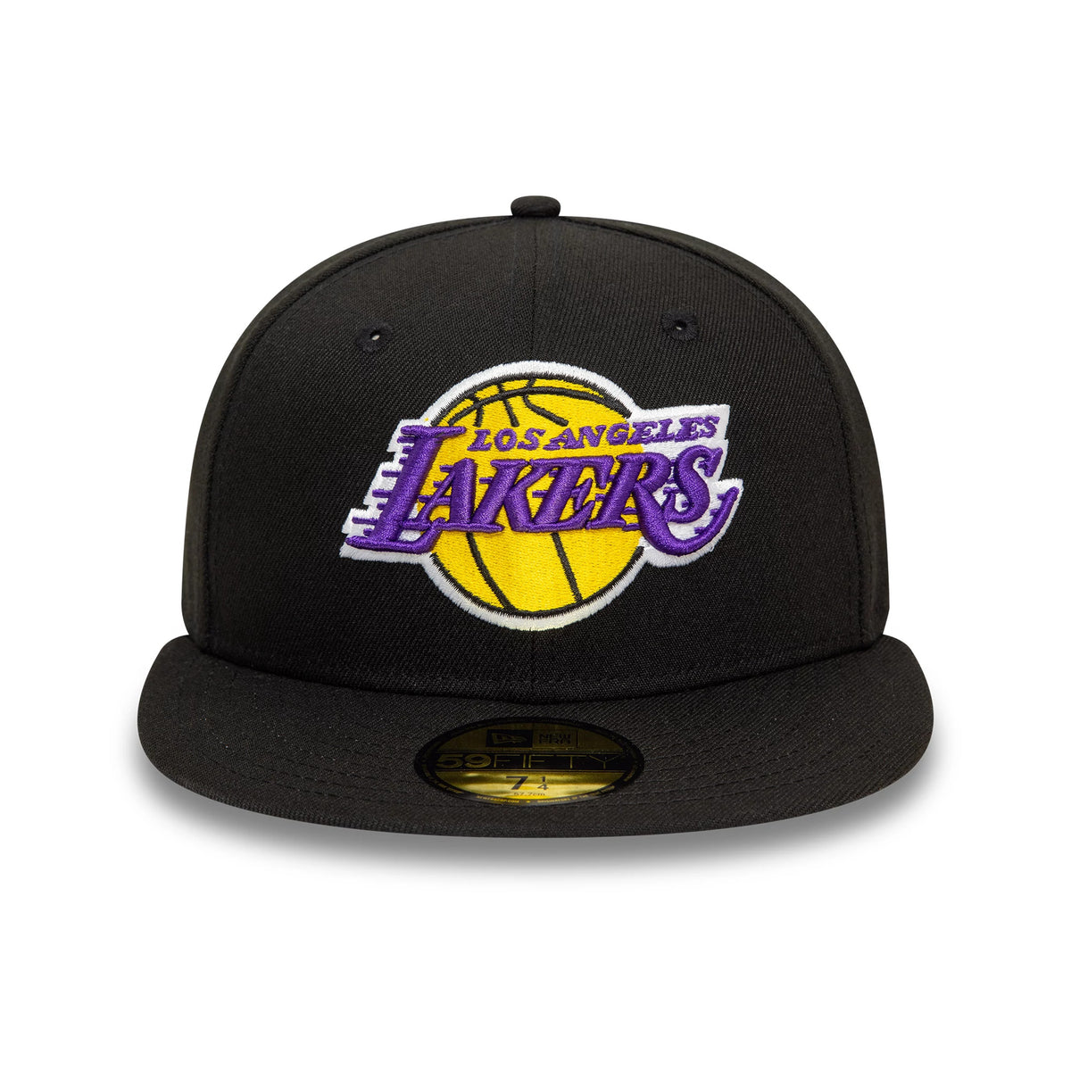 LA Lakers NBA Essential Black New Era 59FIFTY Fitted Cap, front view with raised purple and gold Lakers logo embroidered on the front panel, flat black visor and gold 59FIFTY size sticker on top of the visor.