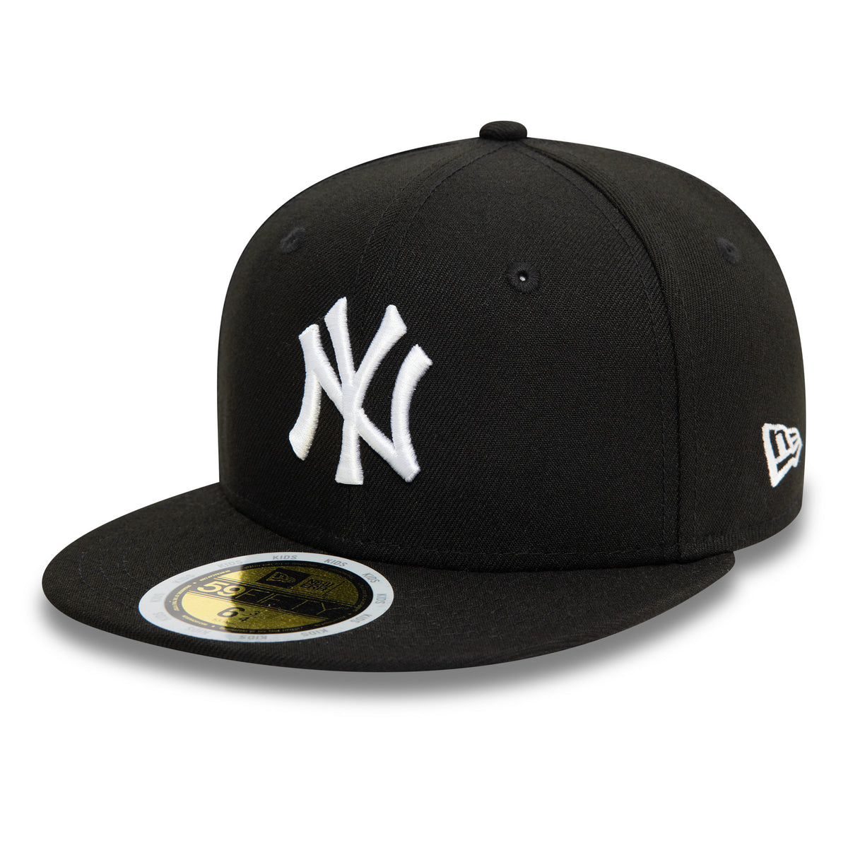 New York Yankees Youth Black New Era 59FIFTY Fitted Cap, three-quarter view showing the raised white NY logo embroidered on the front panel, black visor with gold 59FIFTY size sticker, and New Era flag logo on the left side.