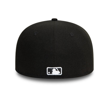 New York Yankees Youth Black New Era 59FIFTY Fitted Cap, rear view showing the white embroidered MLB Batterman logo at the centre of the back panels, with a black structured crown and matching eyelets.
