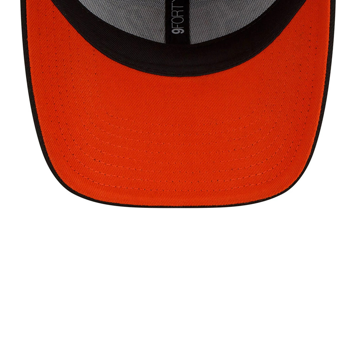 Cincinnati Bengals Youth NFL The League Black New Era 9FORTY Adjustable Cap, inside view showing the vivid orange undervisor with neat black stitching and the black 9FORTY size sticker on the central panel taping.