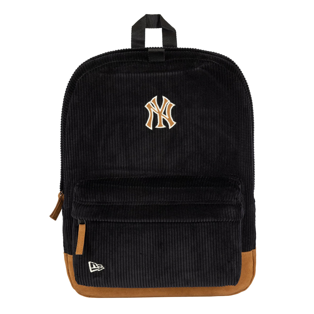 New Era New York Yankees Cord Black Stadium Backpack, front view showing the embroidered Yankees logo centred near the top, a black pocket with a raised New Era logo on the lower left corner, and brown accents at the base.