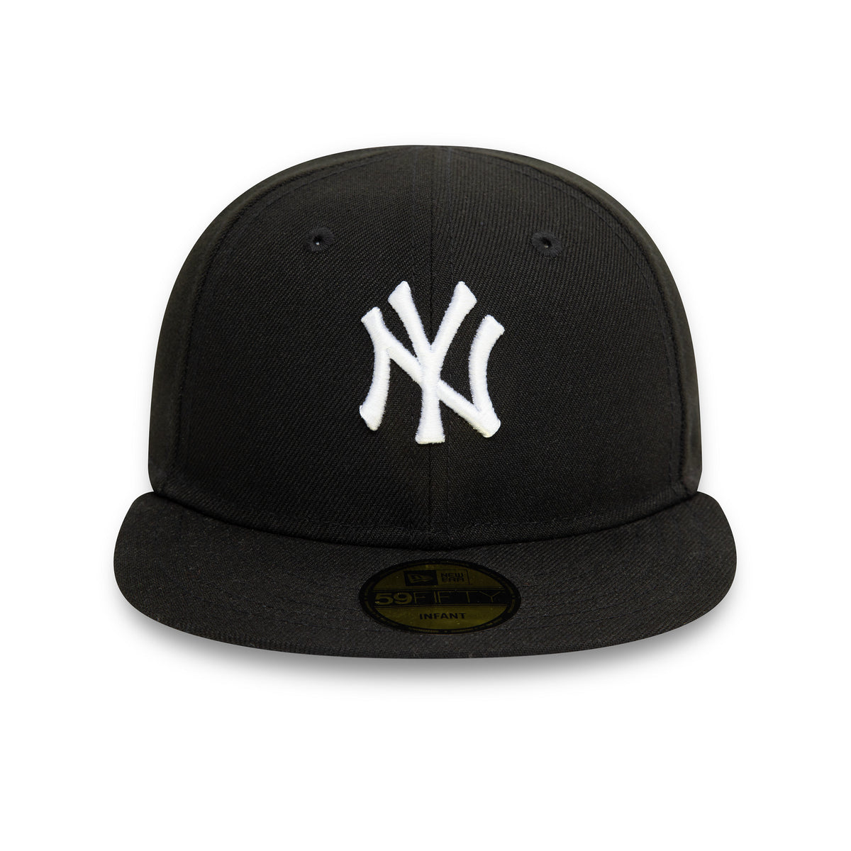 New York Yankees My First Black New Era 59FIFTY Fitted Cap, front view with raised white NY logo embroidered on the front panel, featuring a flat visor with a gold 59FIFTY size sticker.