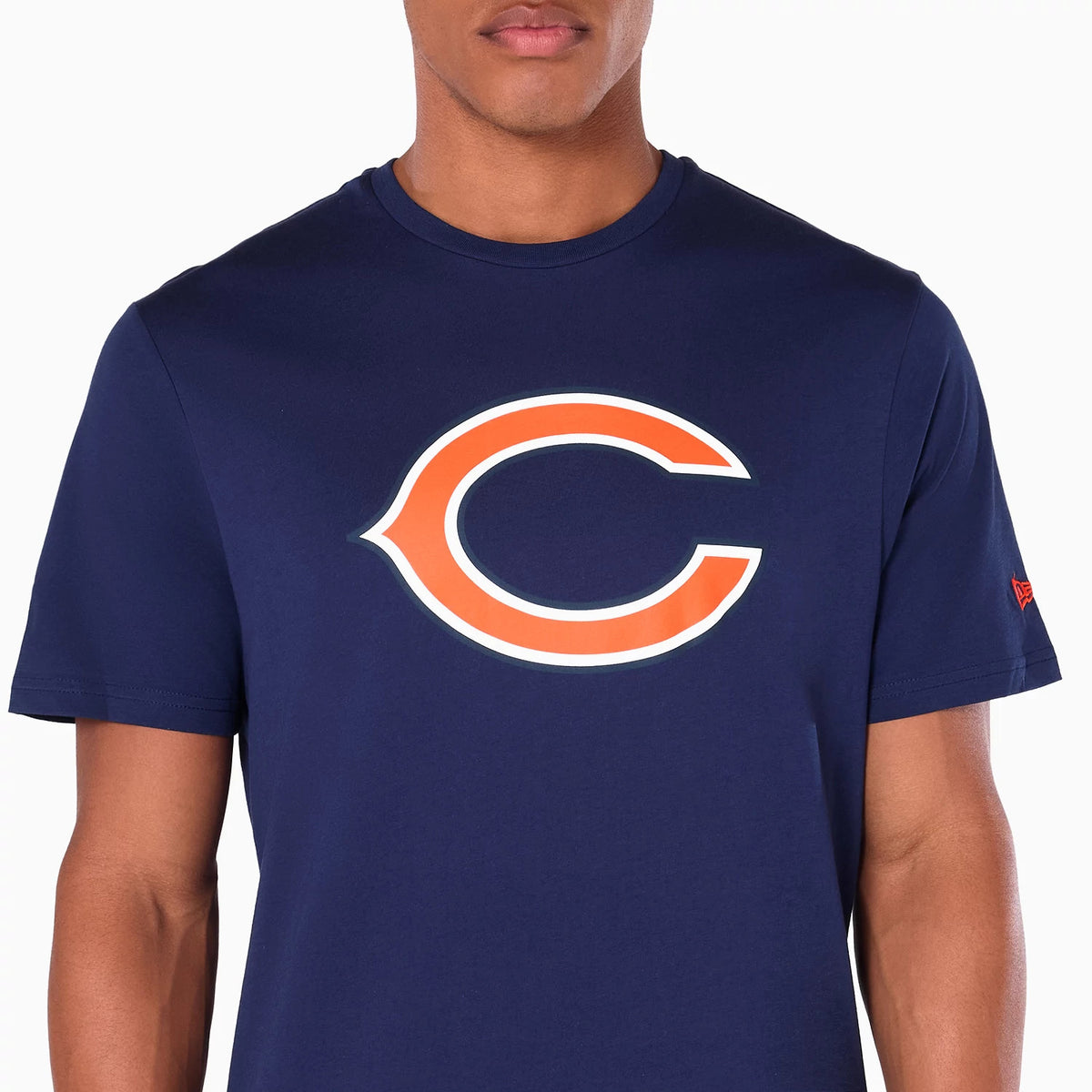New Era Chicago Bears NFL Navy T-Shirt, front view showing the large orange and white Chicago Bears logo centred on the chest, with the New Era raised logo in red on the left sleeve against the navy background.