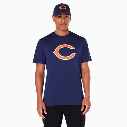 New Era Chicago Bears NFL Navy T-Shirt, front view showing a large orange and white team logo centred on the chest of the navy shirt, worn by a model with a matching navy cap featuring an orange debossed logo.