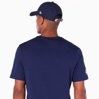 New Era Chicago Bears NFL Navy T-Shirt, rear view featuring the plain navy back, a small logo patch on the left sleeve, and a navy cap with a raised New Era logo on the side above the ear.
