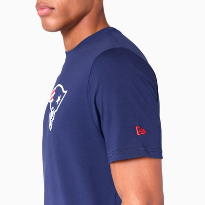 New Era New England Patriots NFL Navy T-Shirt, side view showing the navy t-shirt with the large Patriots logo on the chest, a raised red New Era logo on the left sleeve and a round neckline.