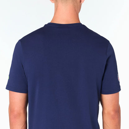 New Era Seattle Seahawks NFL Navy T-Shirt, rear view showing the plain navy back with a round neckline, short sleeves, and a raised Seattle Seahawks logo on the left sleeve near the cuff.